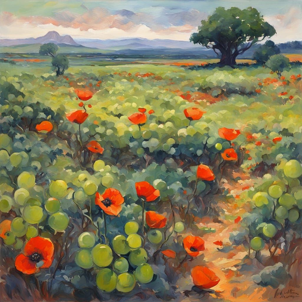 Desolate Landscape with Bloomless Poppies and Green Grapes
