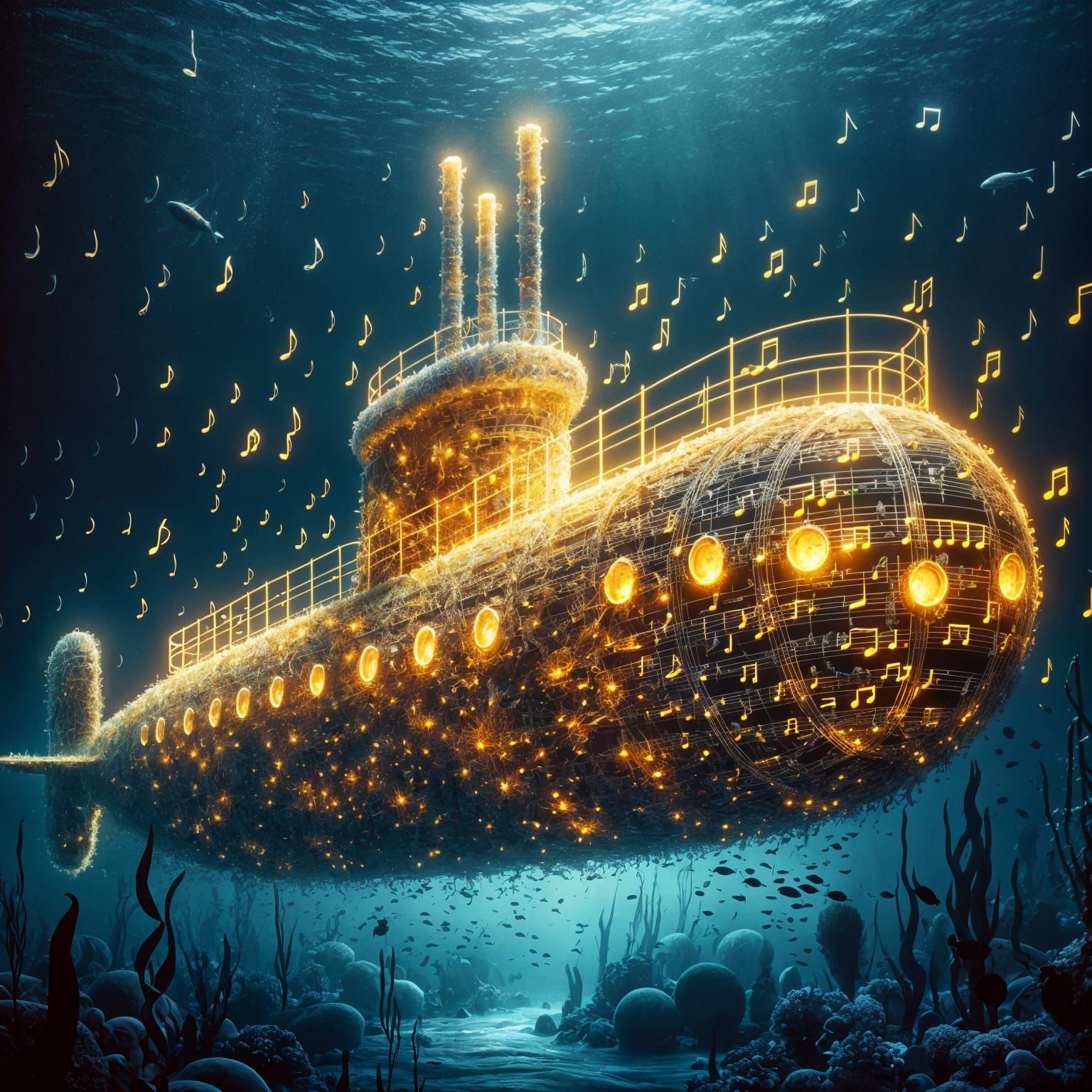Luminous Submarine Composed of Musical Notes