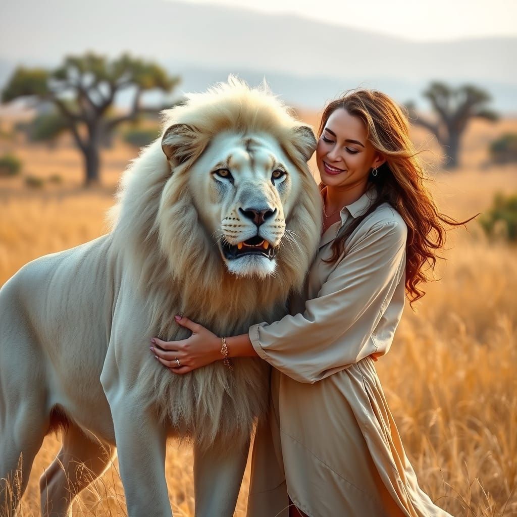 A Woman Embracing a Majestic White Lion in a Golden Savannah