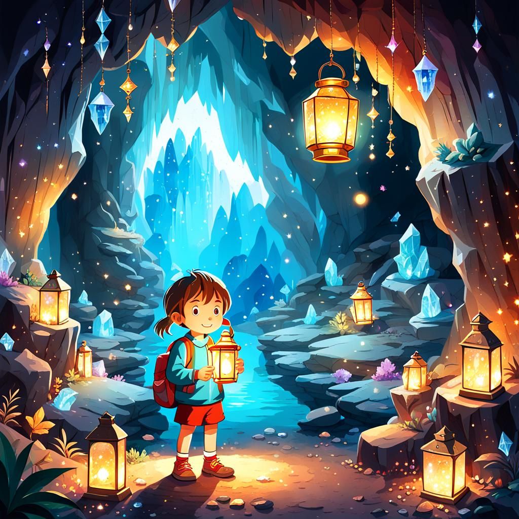 Child Exploring a Magical Crystal Cave