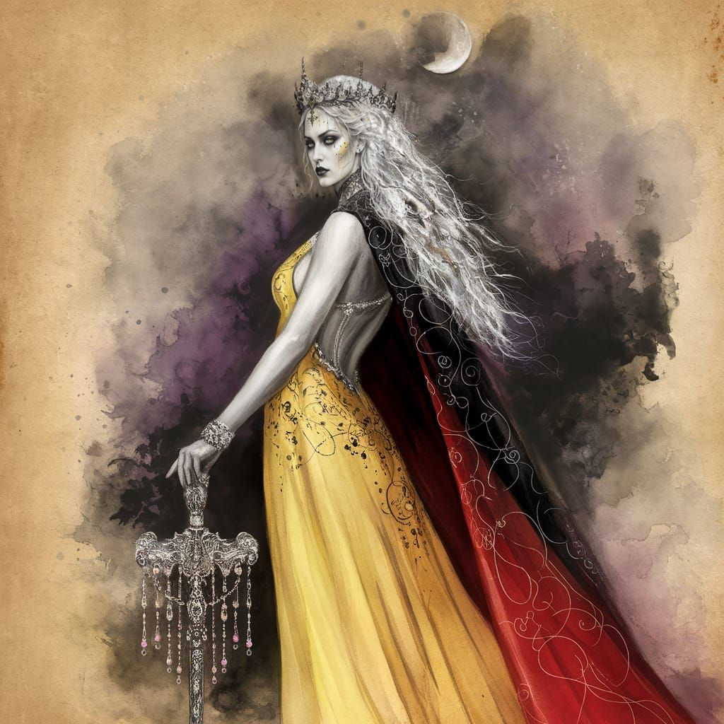 Gothic Goddess Emerge from Ink Splatter on Burnt Parchment