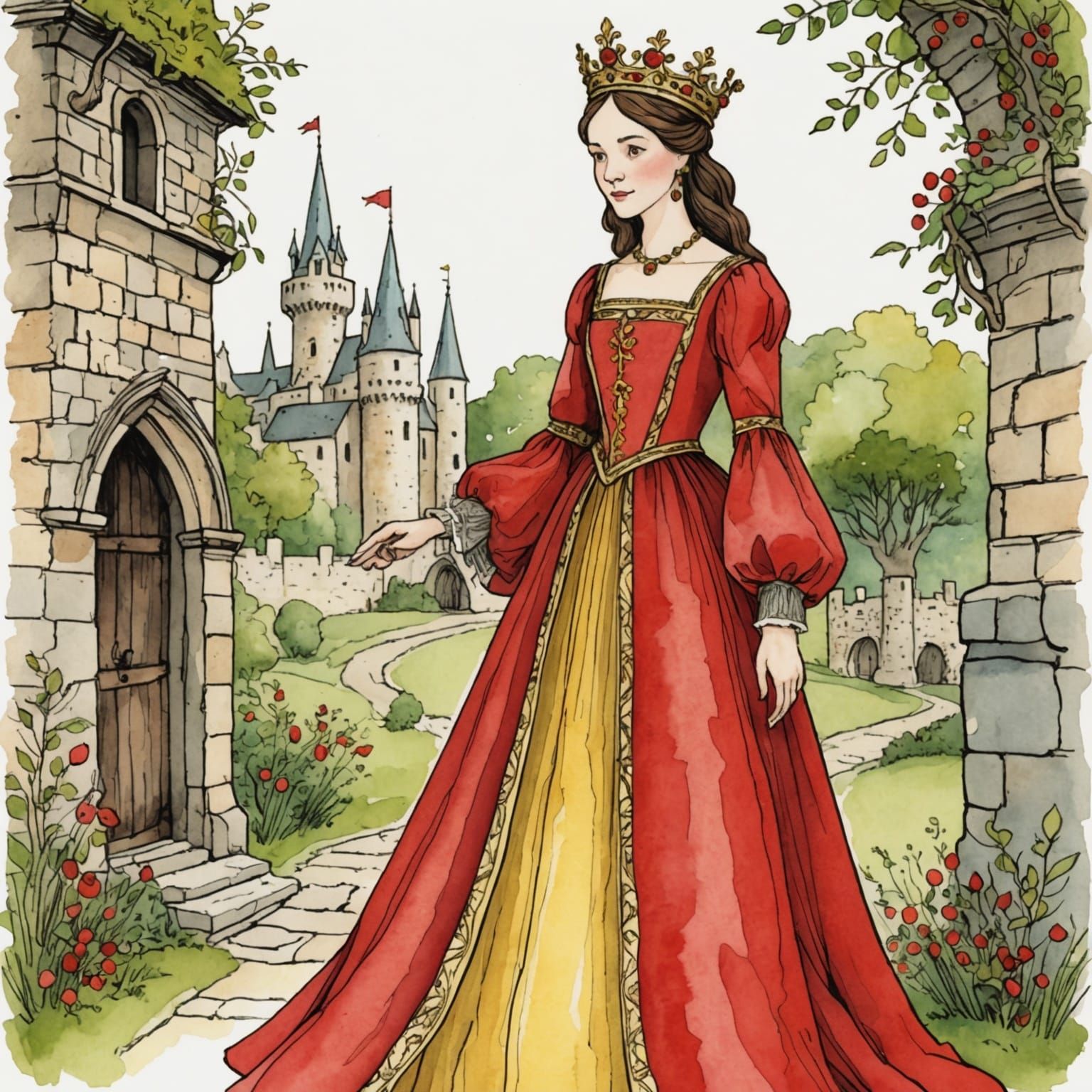 Medieval Princess in Watercolor Storybook Illustration