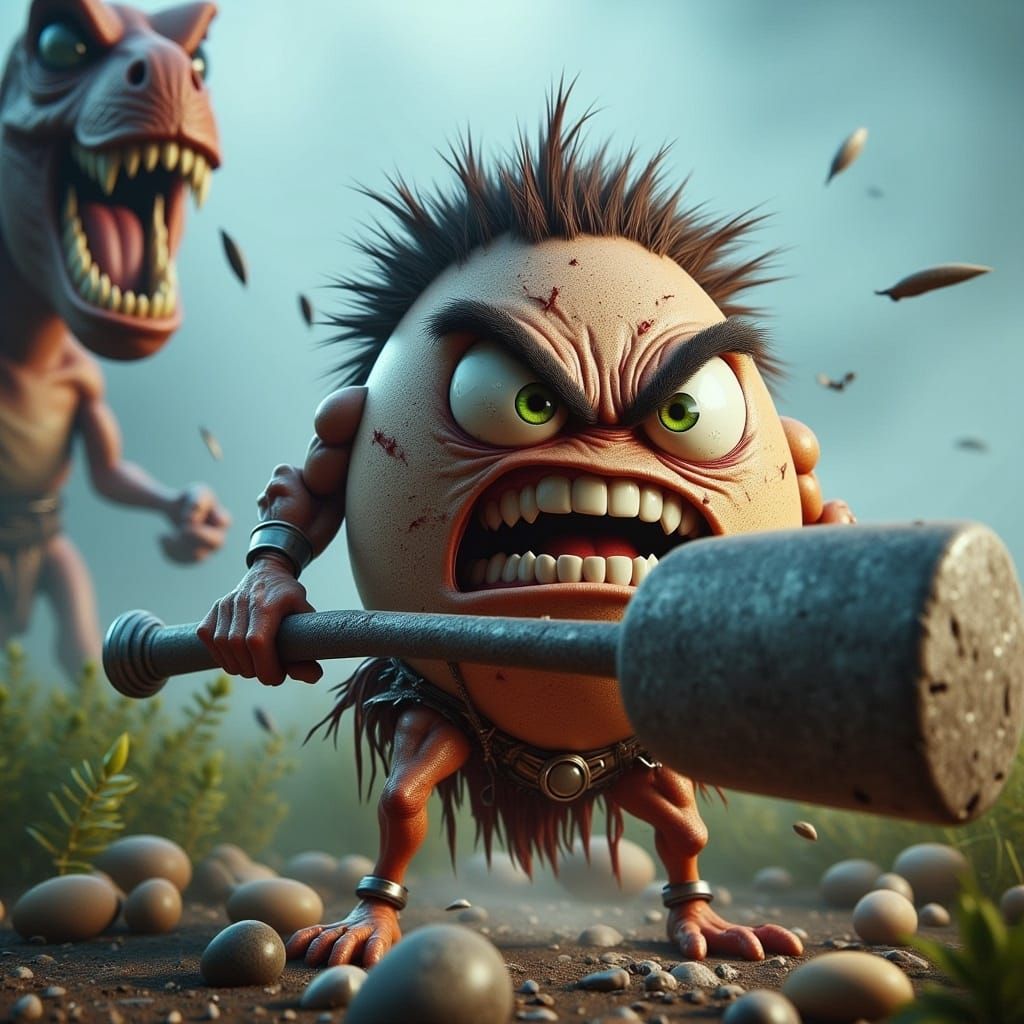 Angry Caveman Egg Wielding Oversized Club