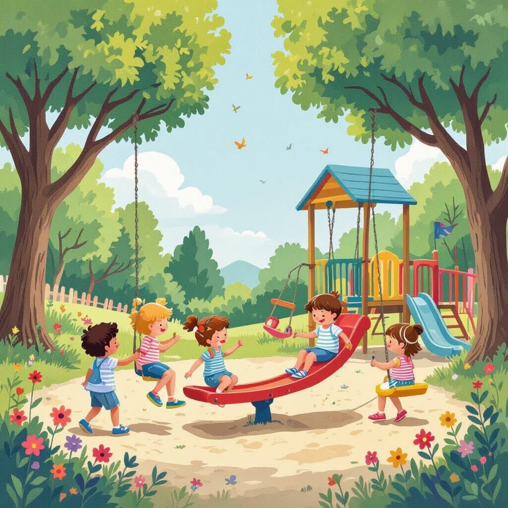 Children's Playground Scene Inspired by Children's Book Illu...