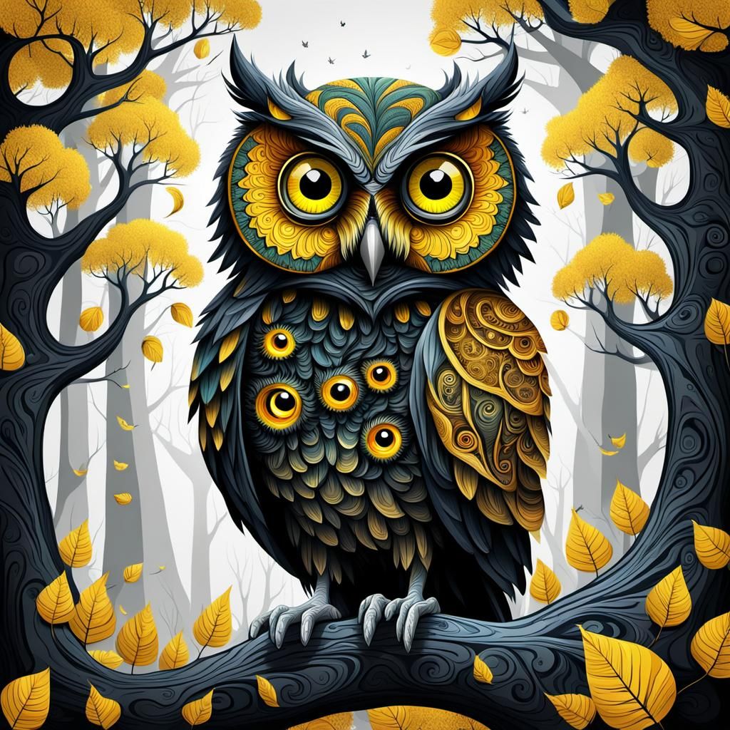 Dark Fantasy Owl with Yellow Eyes in Forest