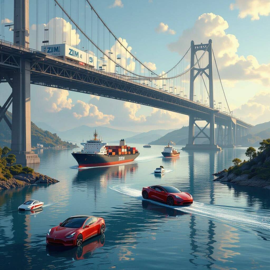 Surreal River Scene: Ships Sail Above, Vehicles Glide Below