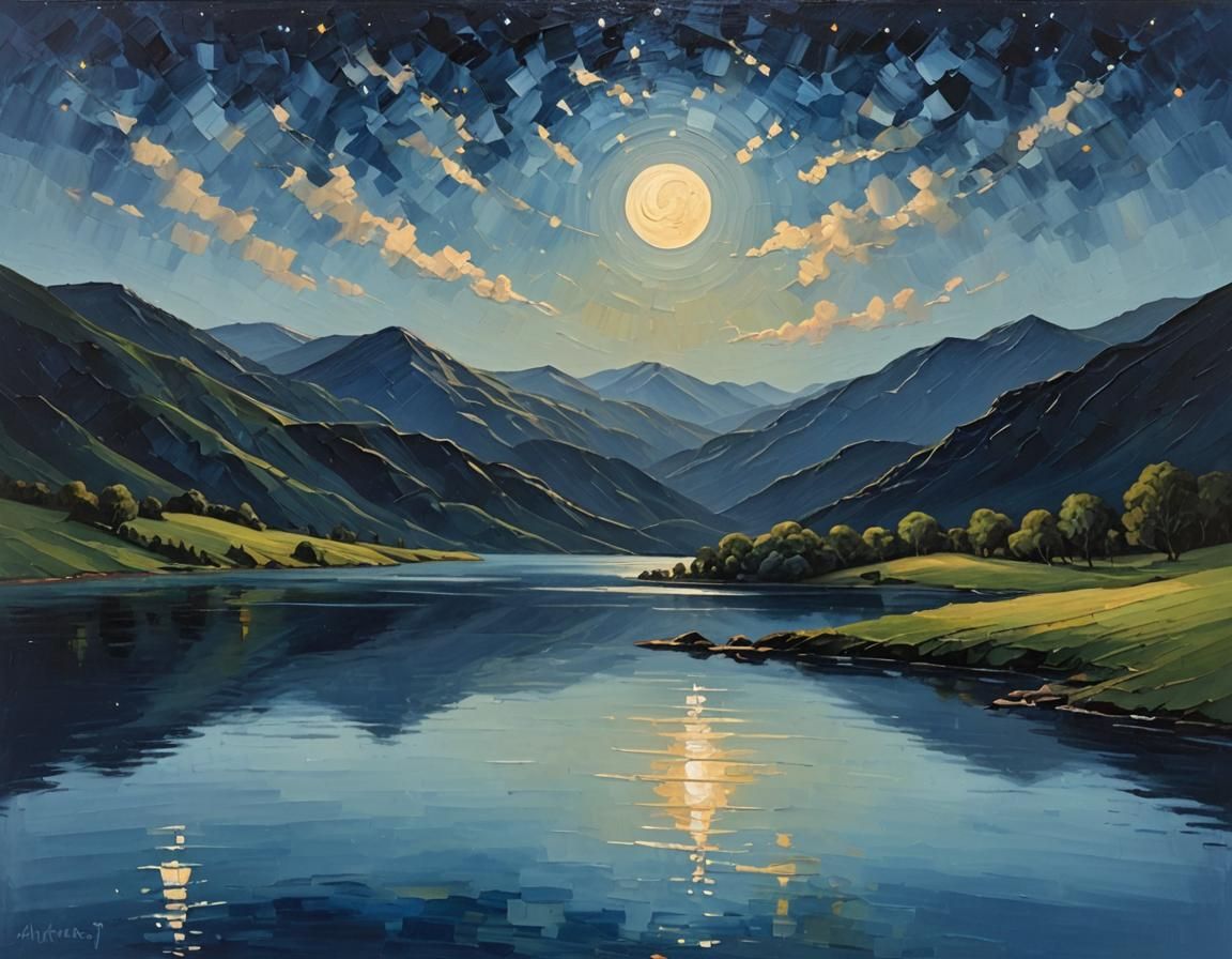 Blue Impasto Landscape with Moon Reflections