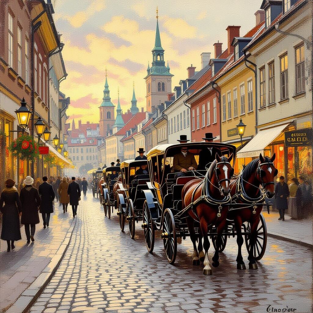 Skovde, Sweden, 1900: Horse Carriages in Impressionist Style