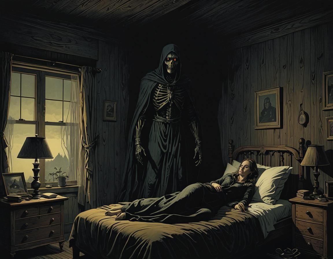 Sleep Paralysis Entity in Dark Bedroom, Sinister Art