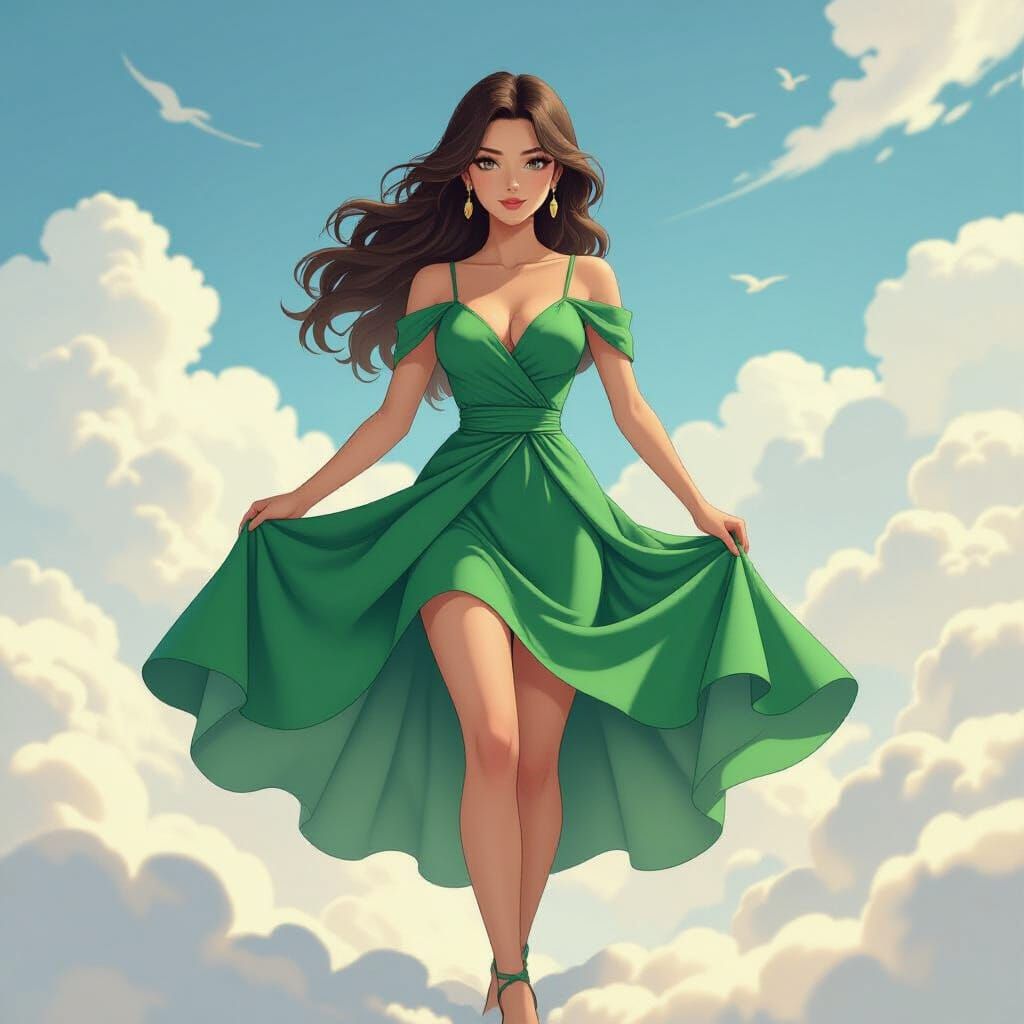 Woman in Summer Dress on Clouds, Studio Trigger Style