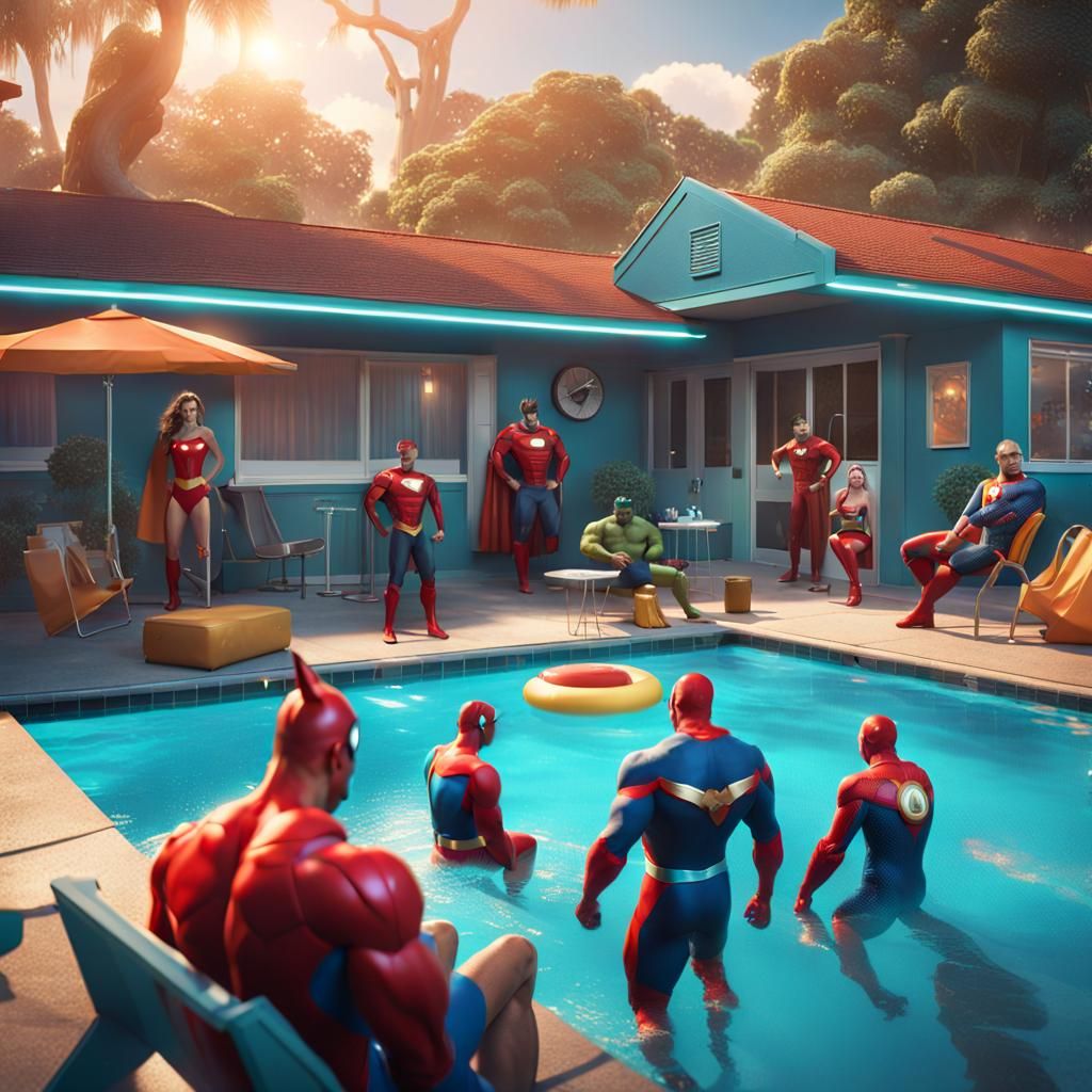 Superheroes Relaxing by a Motel Pool in Detailed Painting