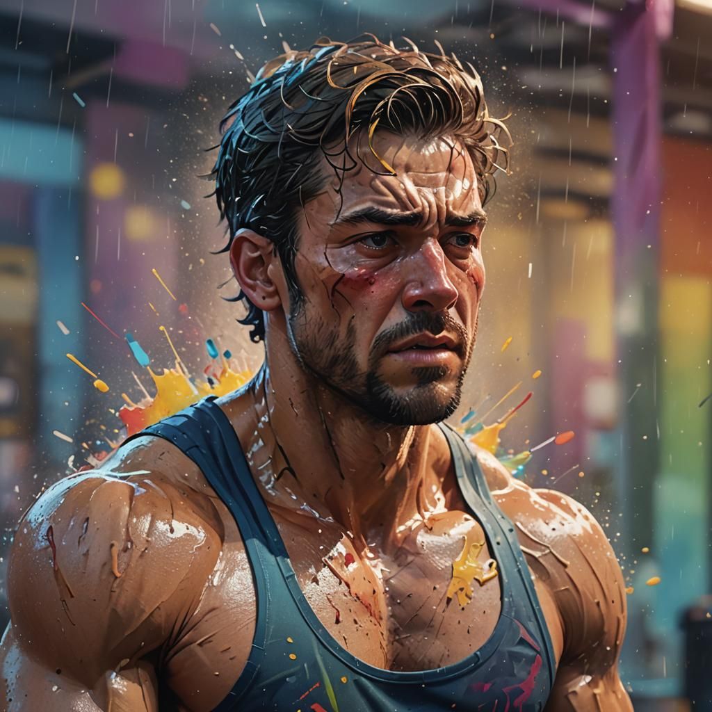 Sad Man Working Out: Hyperrealistic Splash Art