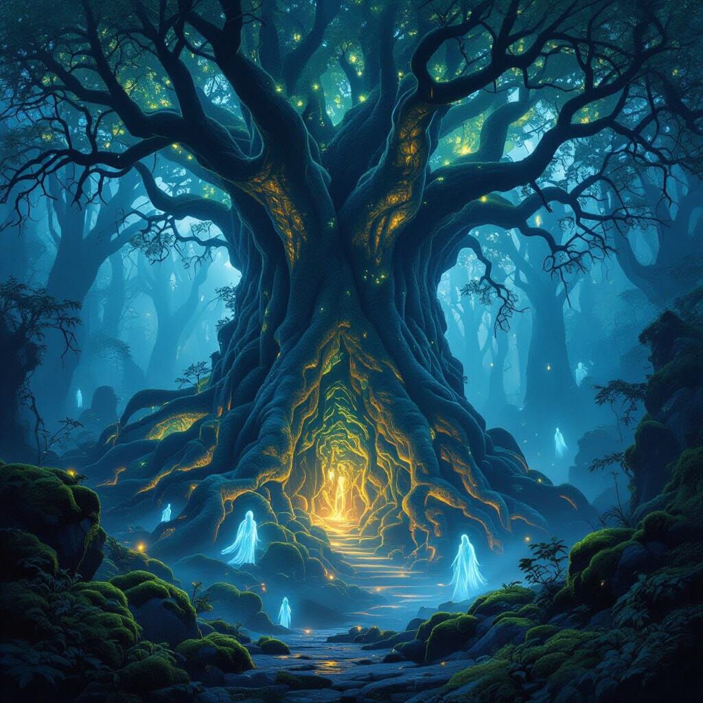 Bioluminescent Forest Cathedral with Ethereal Spirits