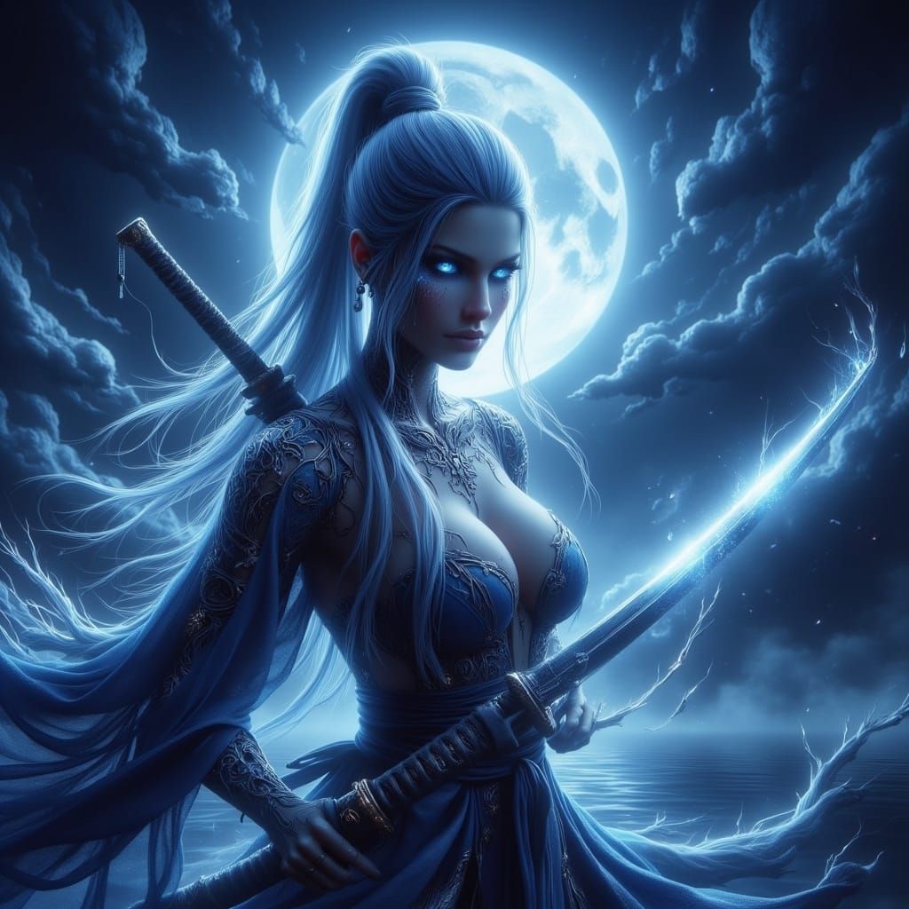 Elegant Samurai in Moonlit Garden with Glowing Katana