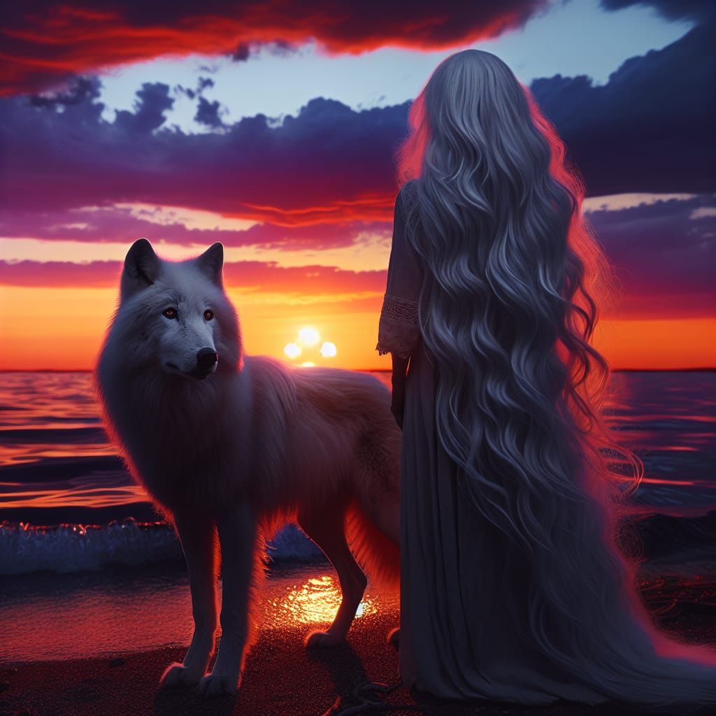 Woman and White Wolf at Sunset Beach