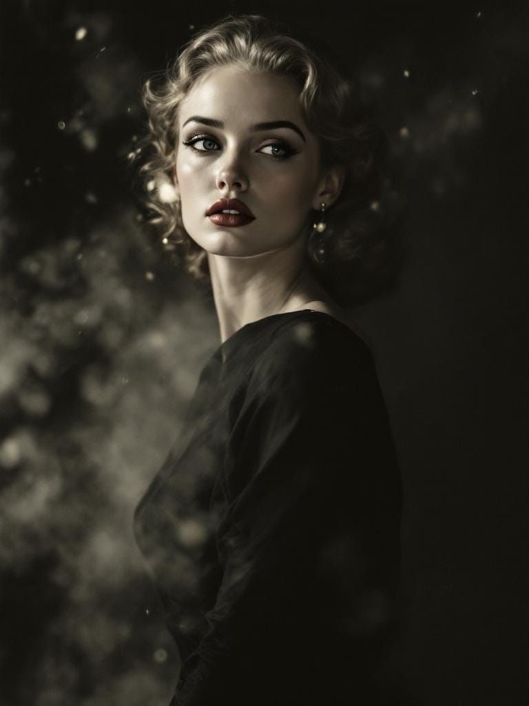 Contemplative 1950s Woman in Film Noir Lighting