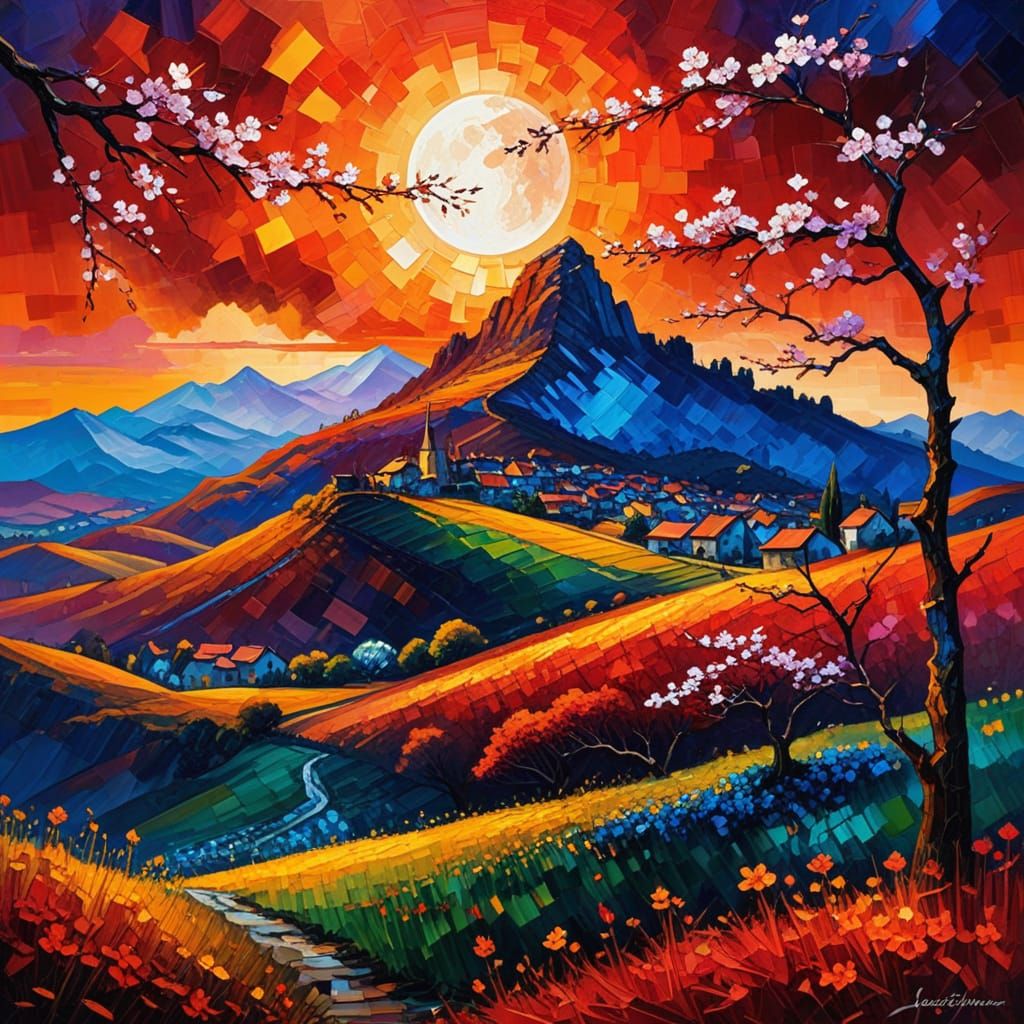Cubist Oil Painting of Sakura Hill with Moon Overlay