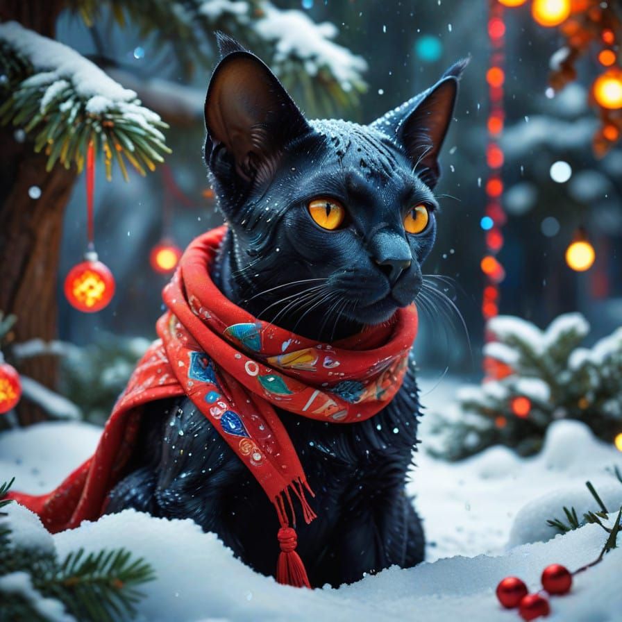 Sphinx Kitten Under Vibrant Christmas Tree Graffiti Dreamsca...