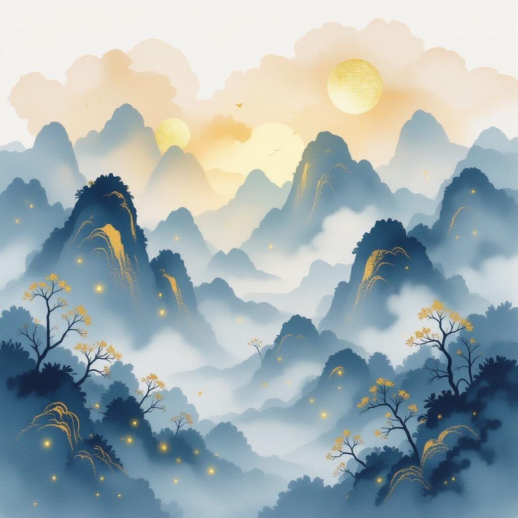Misty Landscape with Gold Accents in Watercolor Style
