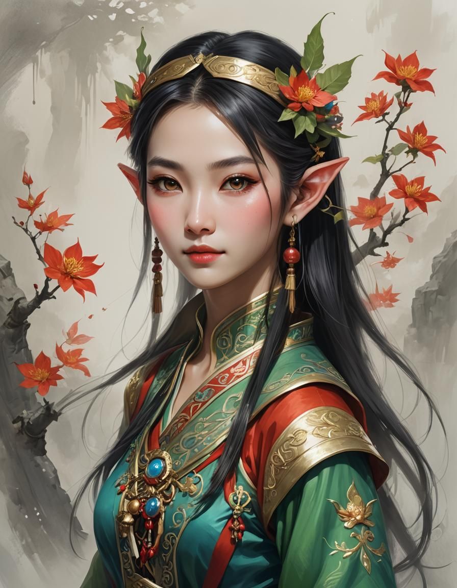 A beautiful Chinese elf, half body portrait