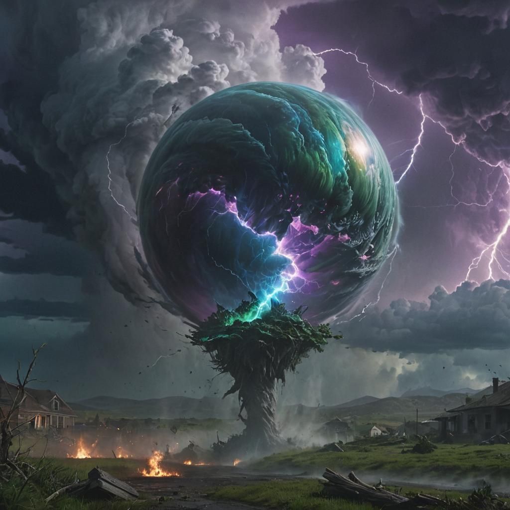 Iridescent Orb Above Tornado in Mystical Landscape
