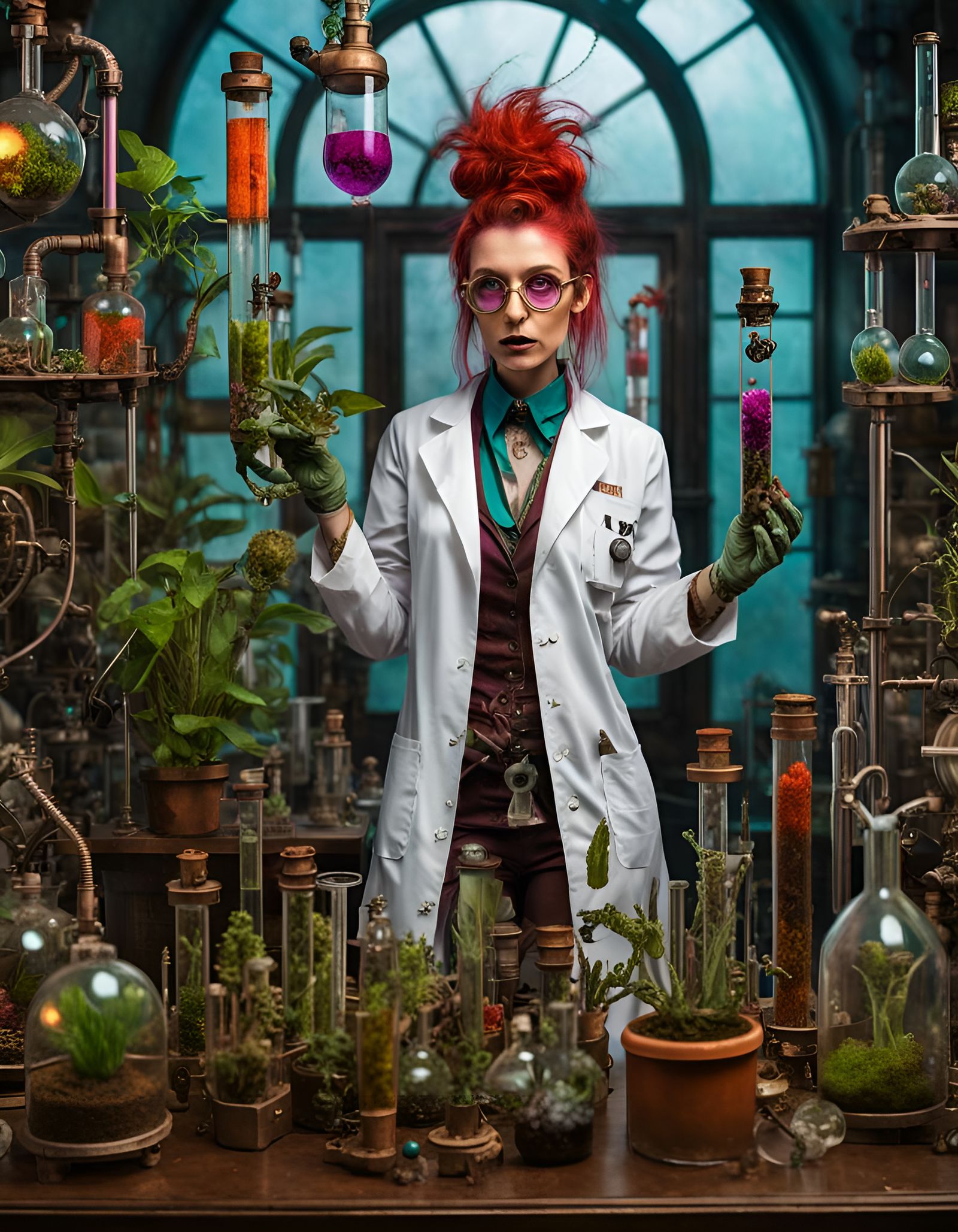 Steampunk Plant Biologist in a Goblin Laboratory