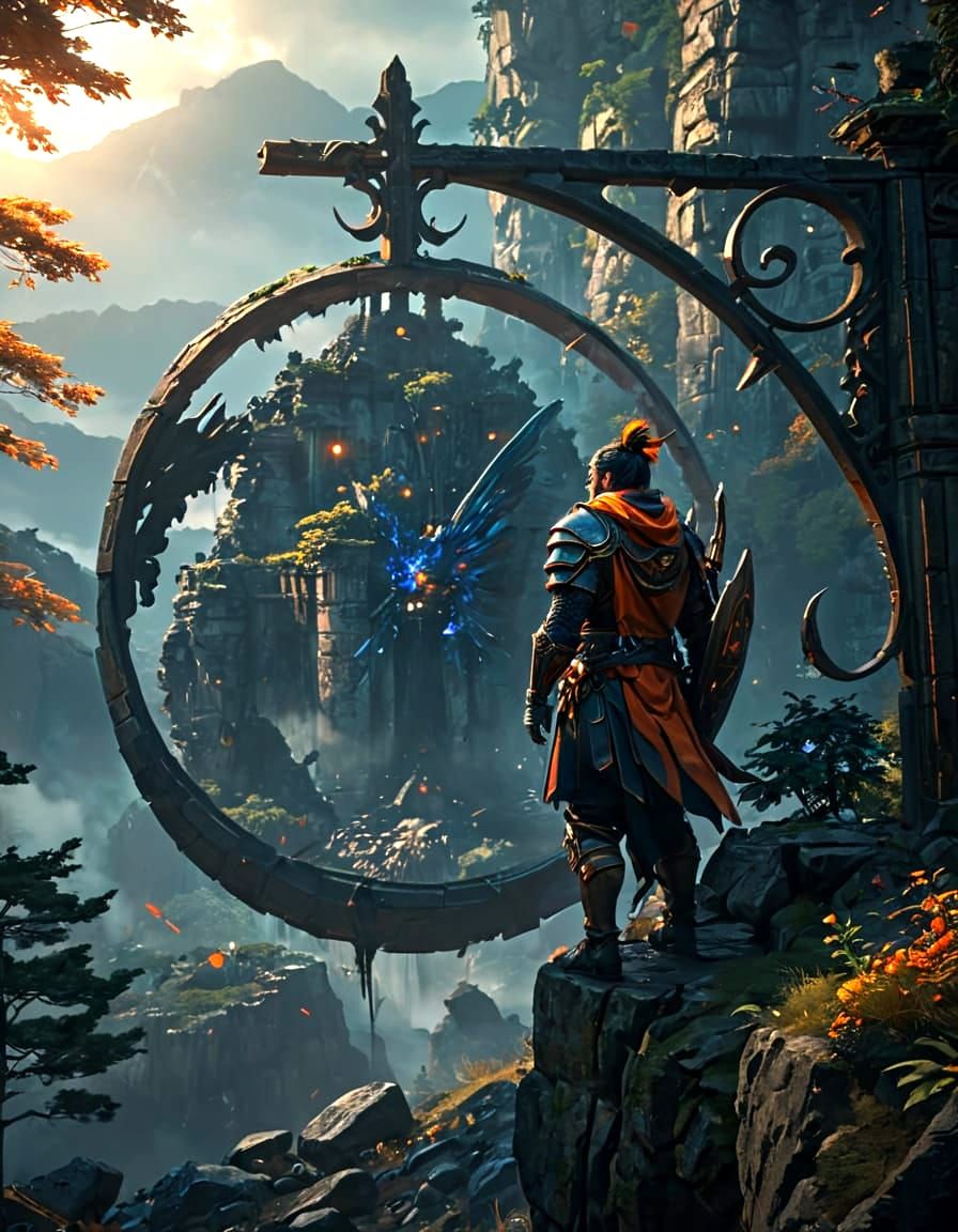 Epic Warrior Stands Vigilant Amid Ancient Ruins and Mystical...