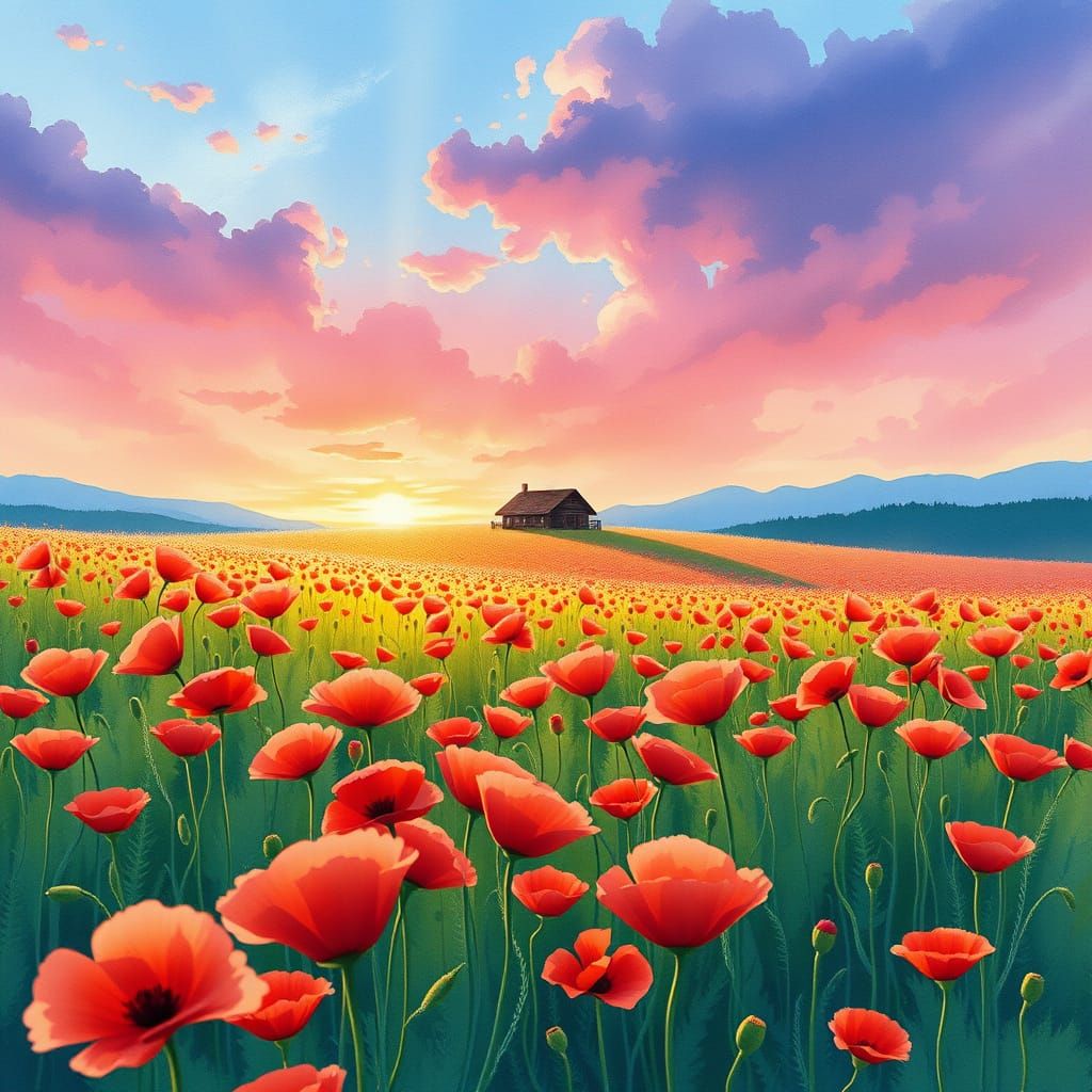 Dreamy Poppy Field in Watercolor with a Distant Cabin