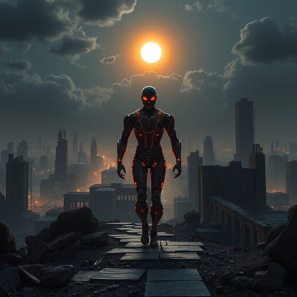 Cyborg Apostle Walks Through Ruined Techno Landscape