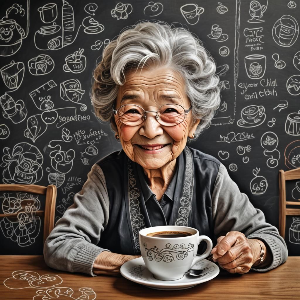 Charming Chibi Grandma Enjoying Coffee, Chalk Art