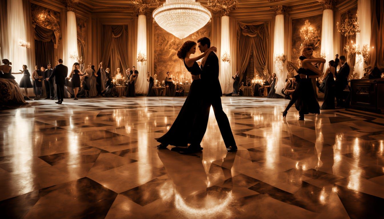Couple Dances Intimately in Art Deco Ballroom