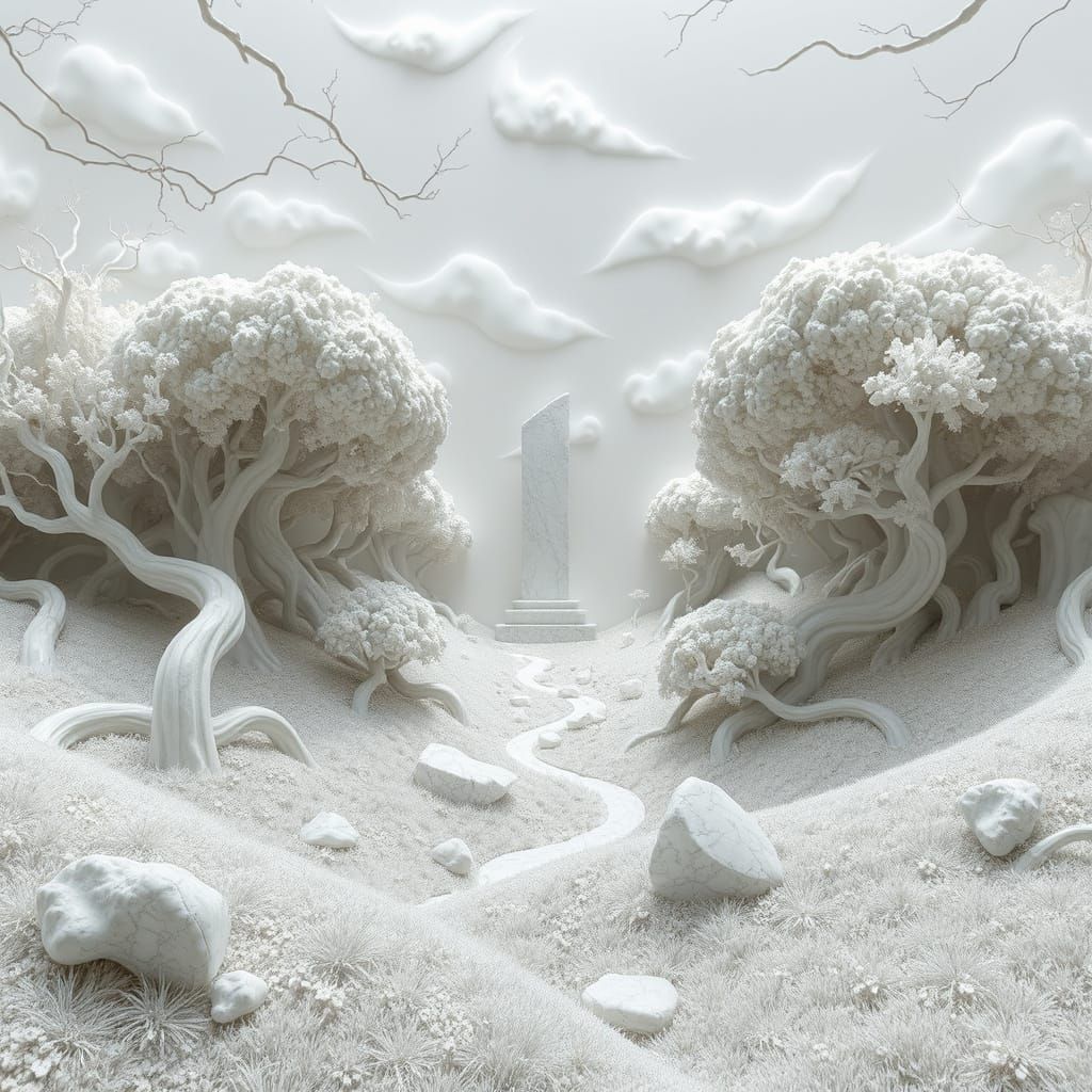 Surreal Marble Jungle with Twisting Trees and Shimmering Pat...