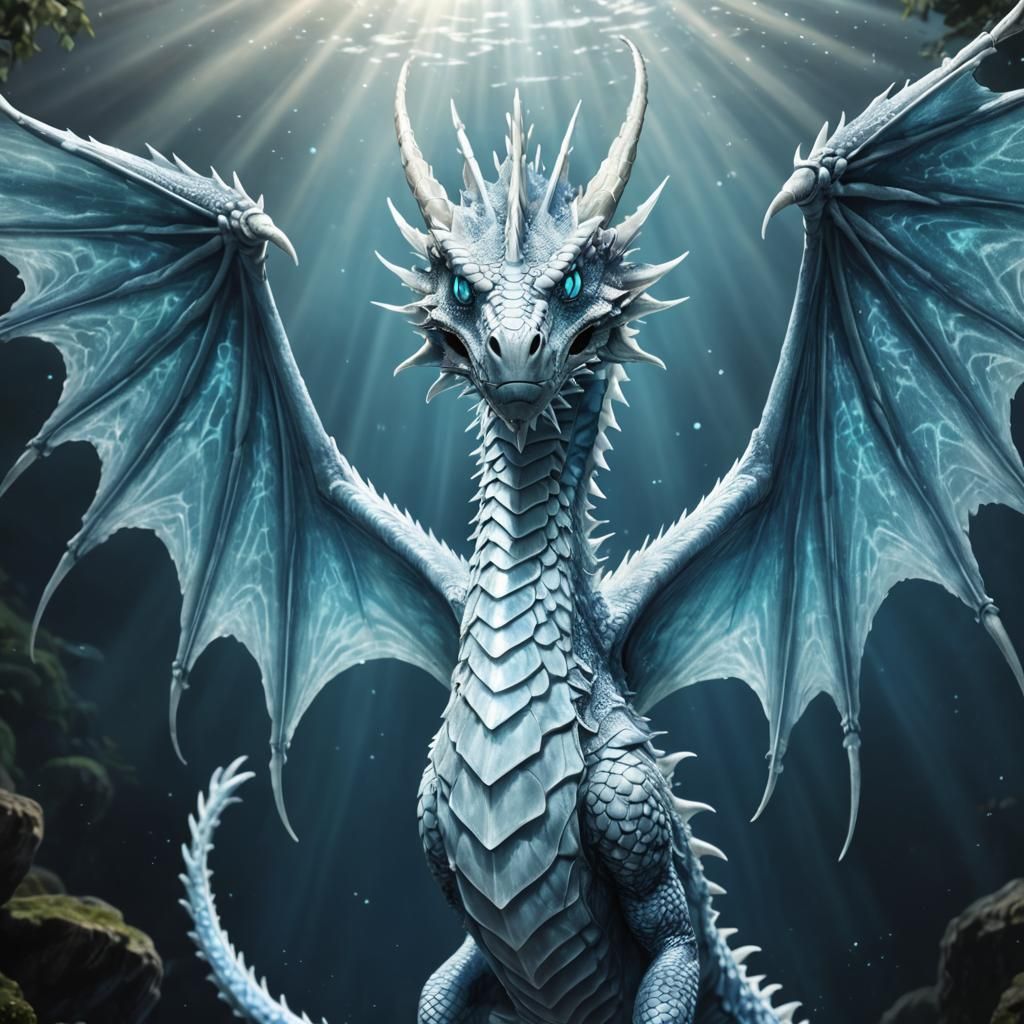 Majestic White Sea Dragon with Glowing Eyes in CGI