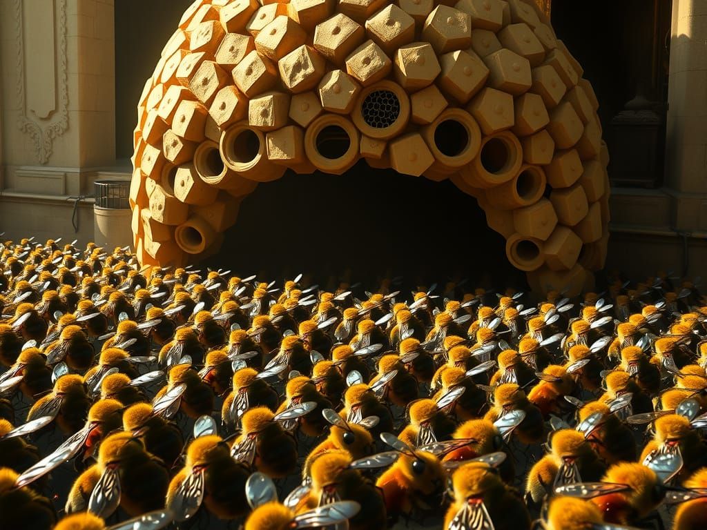 Picture a colossal beehive, a bulbous, waxy fortress, domina...