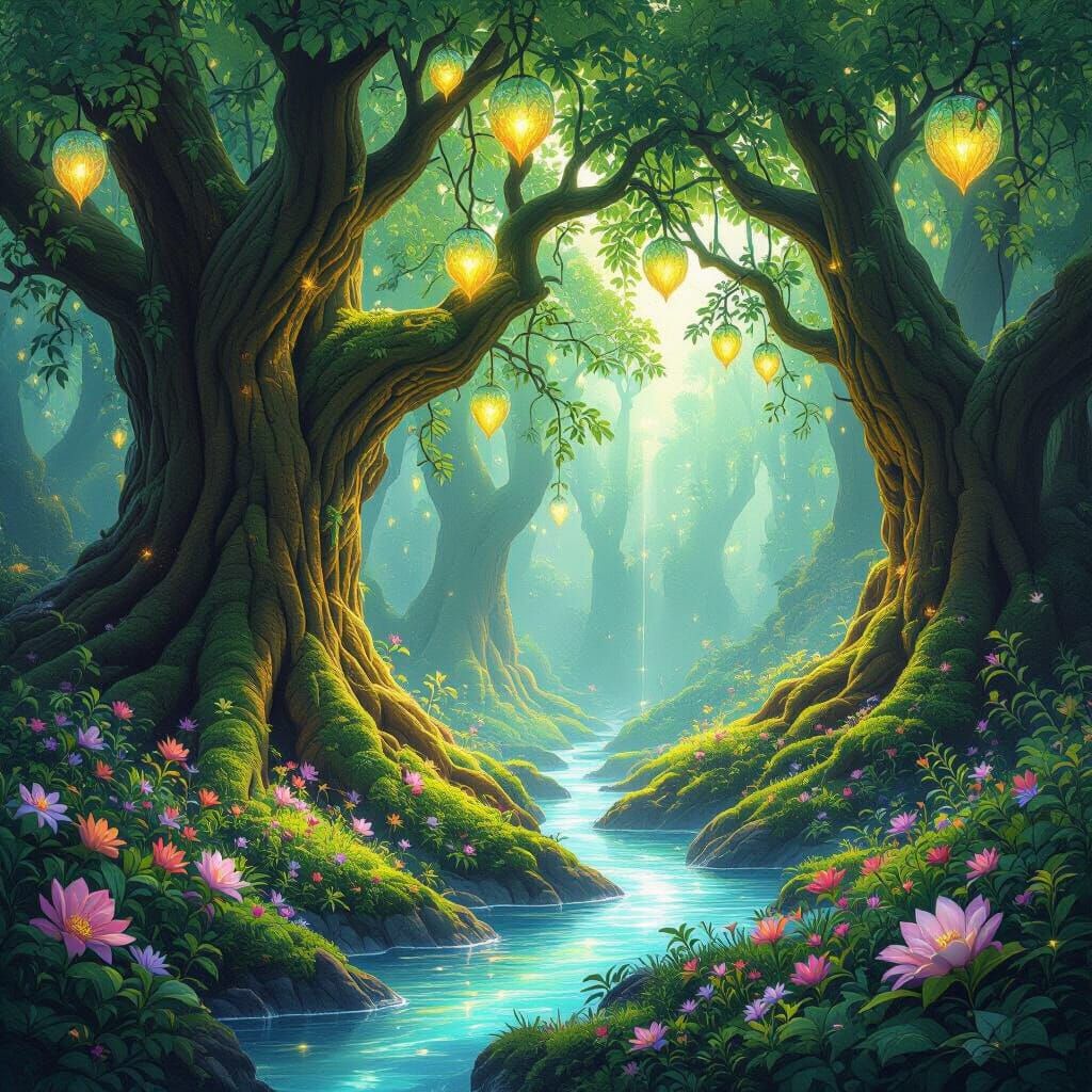 Glowing Gem Fruits in Ancient Grove, Hyperrealistic Style