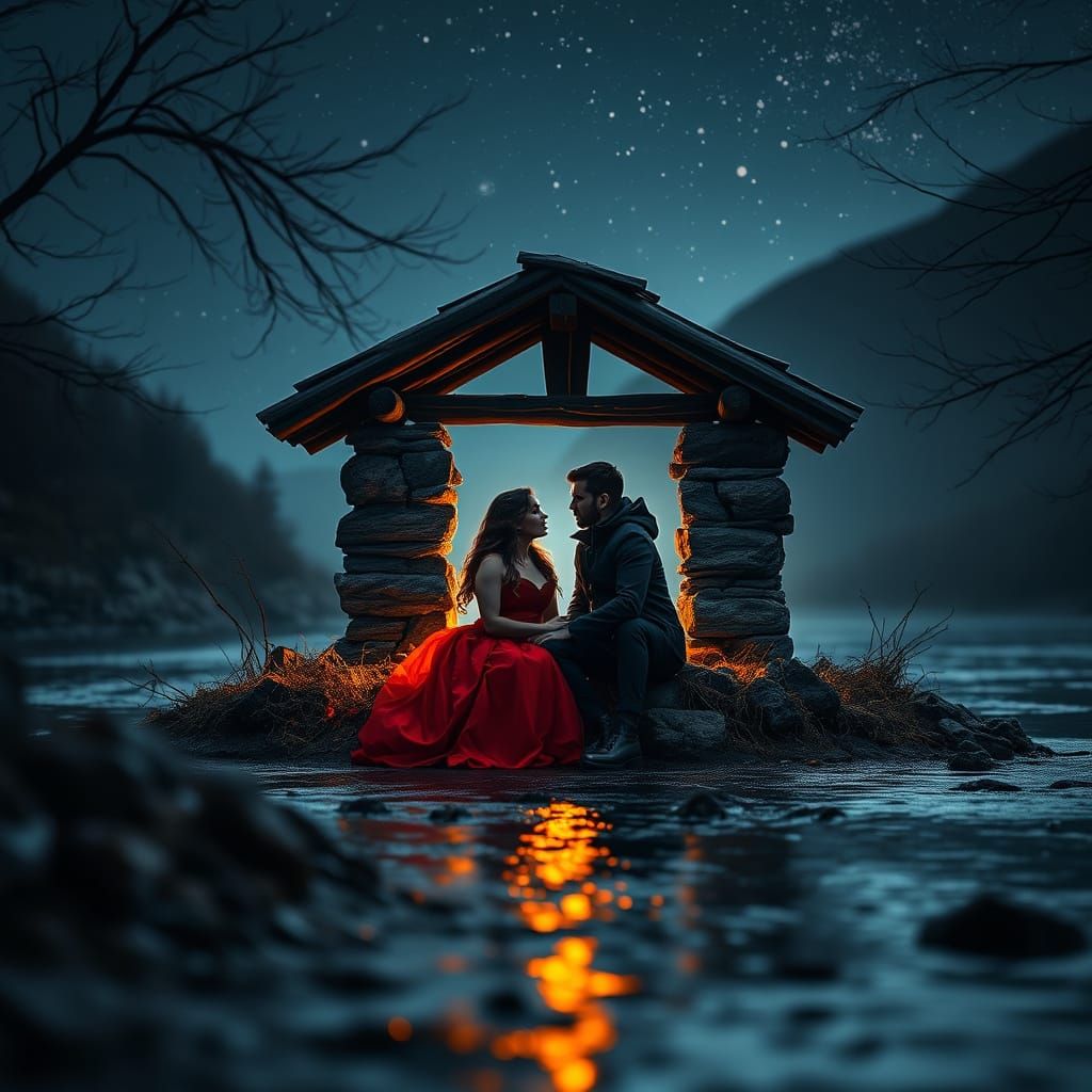 Romantic Couple by Campfire in Hyperrealistic Style