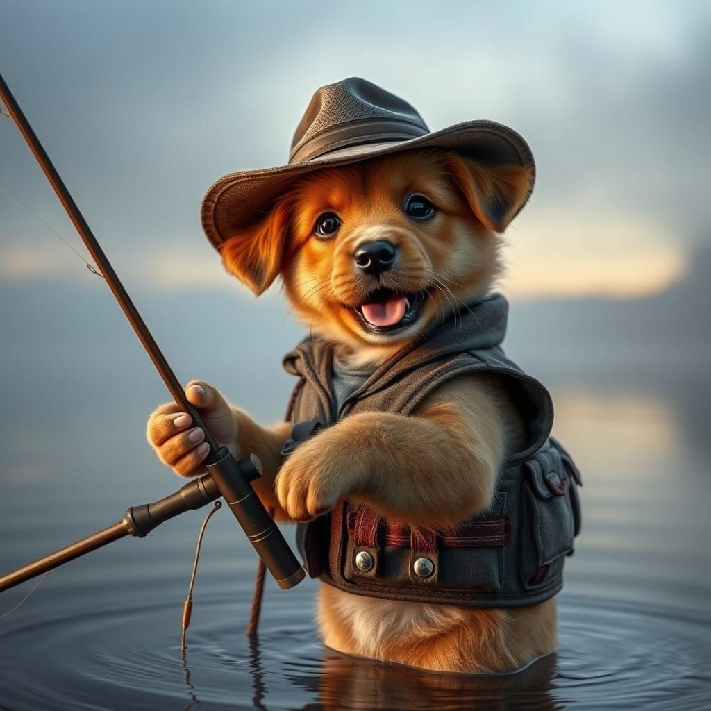 Rustic Fishing Scene with Exuberant Puppy