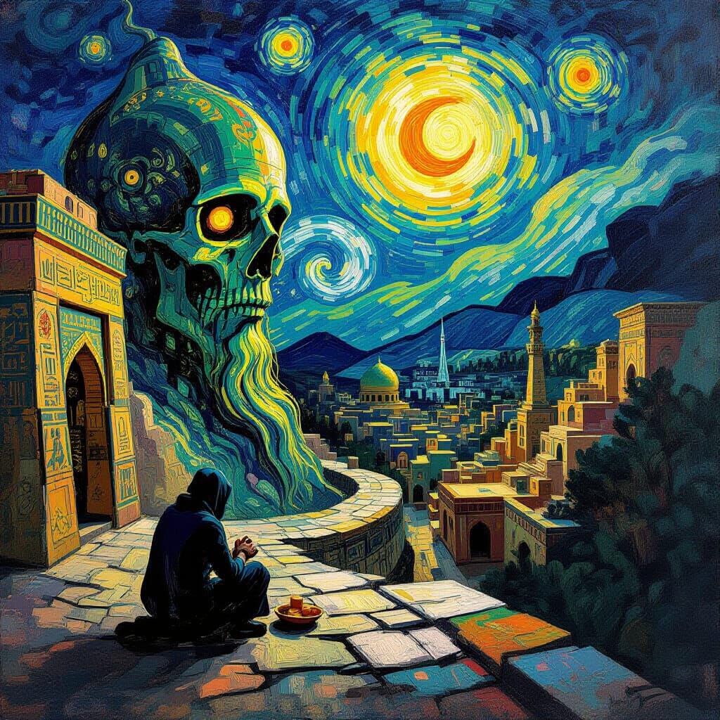 Figure Feeds Fears as Grotesque Creatures in Van Gogh Style