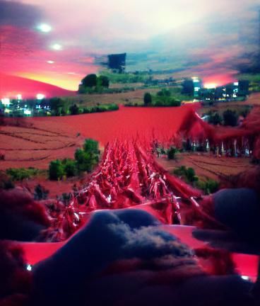 Vivid Crimson Landscape Under Red Sky