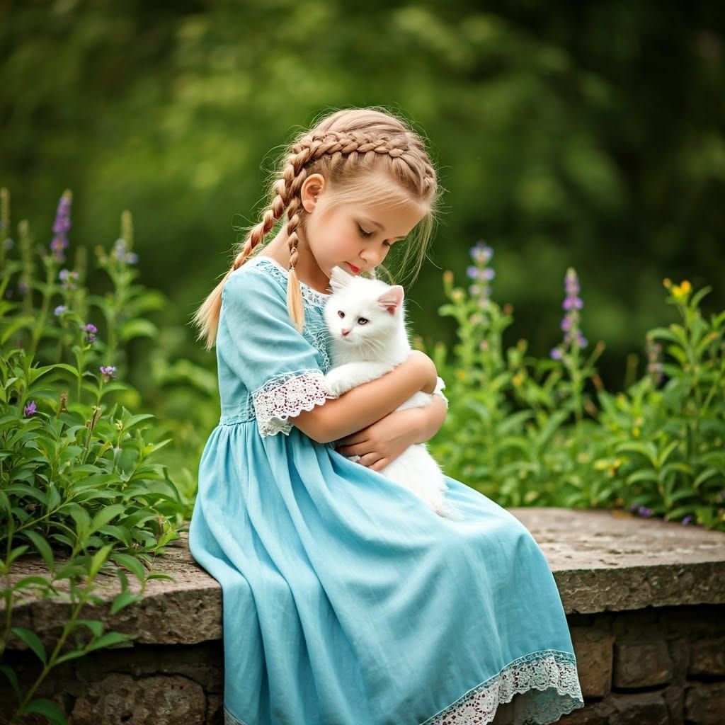 Blonde Girl with Braids and White Cat on Weathered Stone Wal...