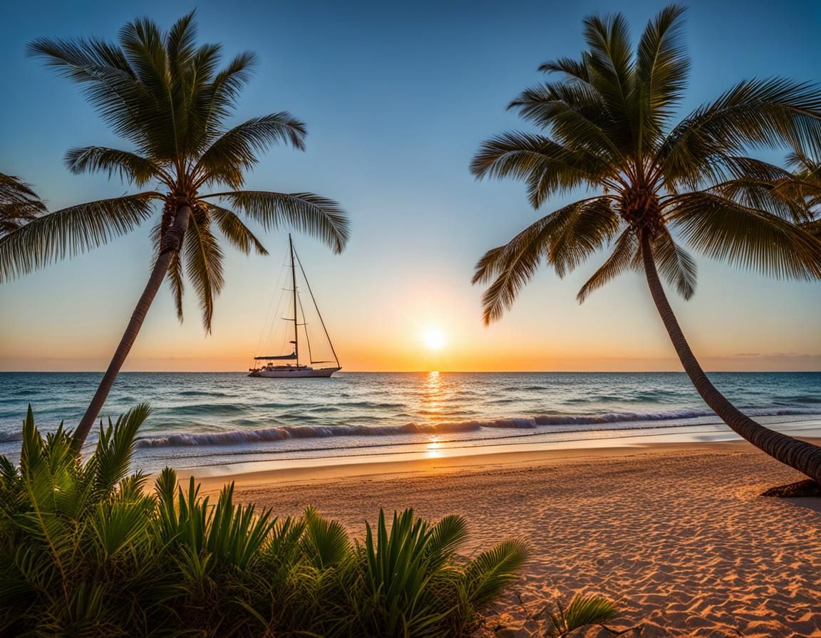 Tropical Beach Sunset View with Sailboat