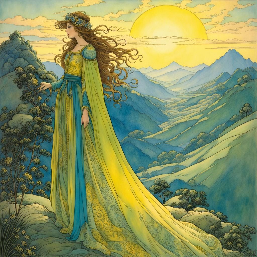 Medieval Maiden Picking Flowers at Dawn