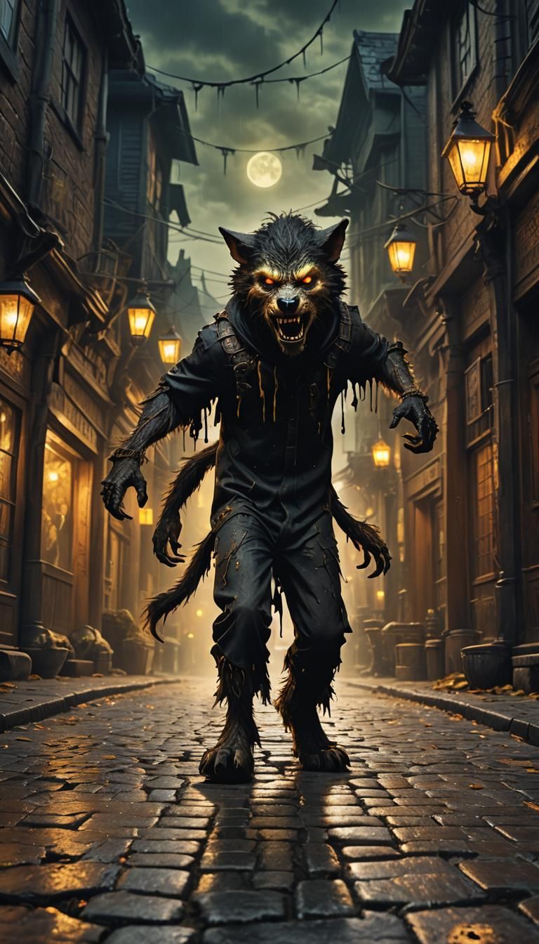 Boy in Werewolf Costume on Haunted Street