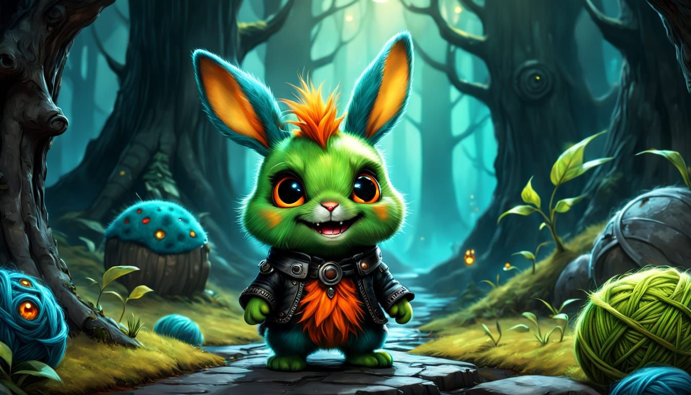 Laughing Bunny with Mohawk in Surreal Fairytale Scene