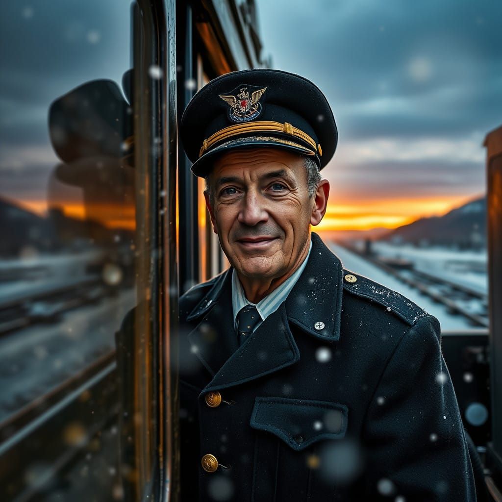 Vintage Train Conductor in Alaska's Winter Wonderland