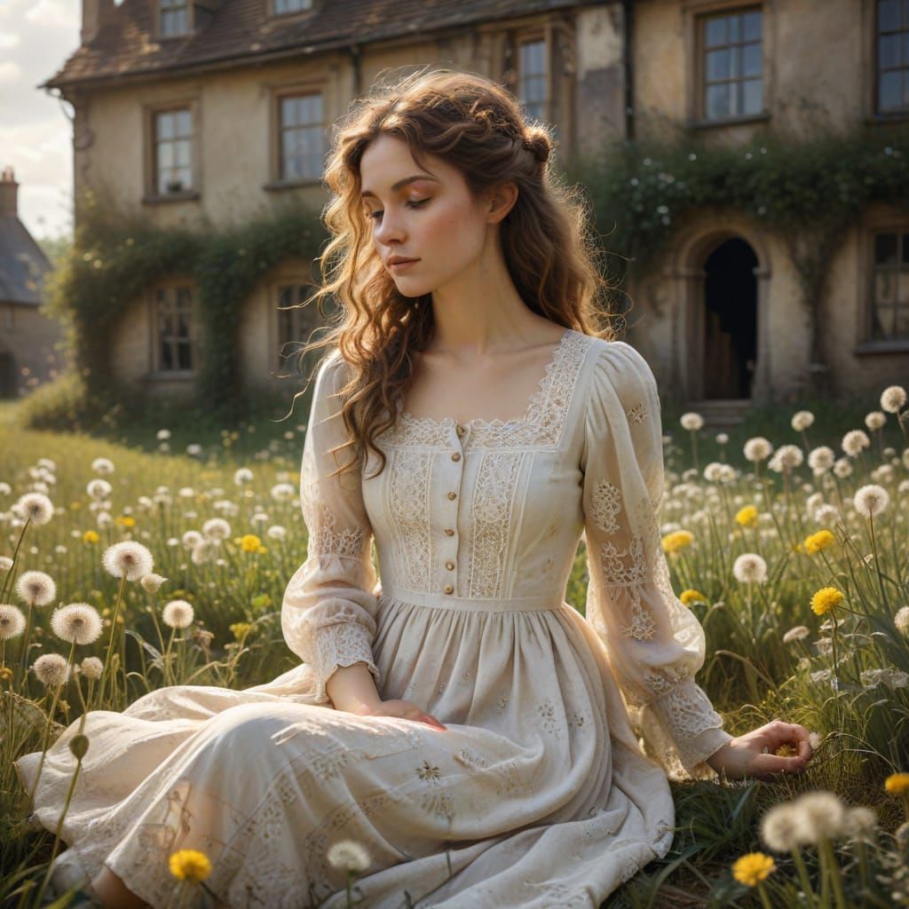 Whimsical Girl in Dandelion Field with Worn Building