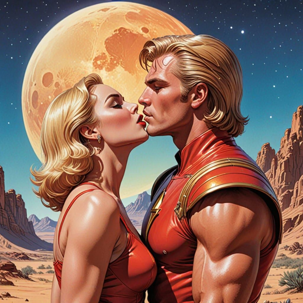 Passionate Love Scene in Desert Planet Comic Book Style