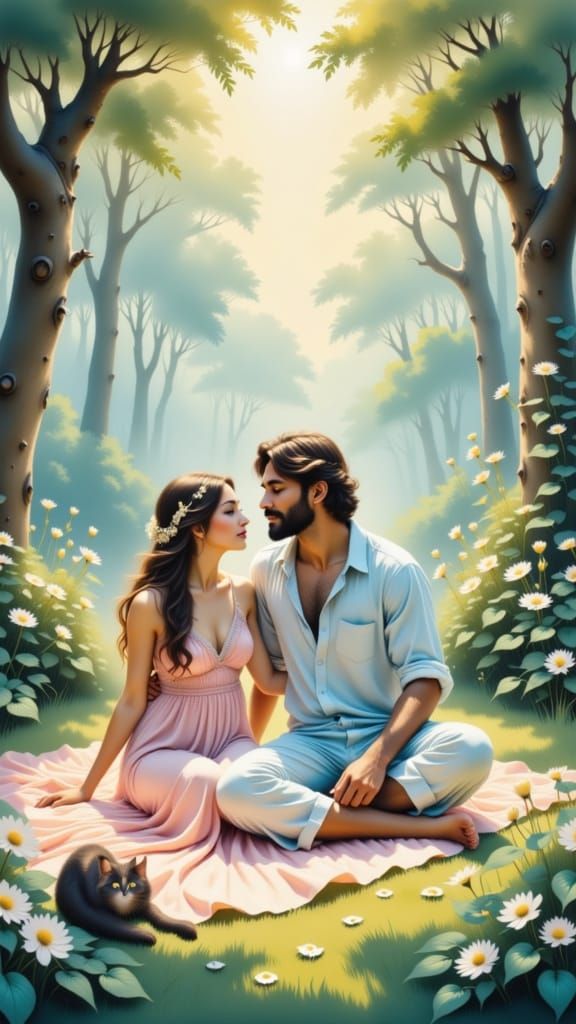 Genie and Woman's Picnic, Art Nouveau Watercolour