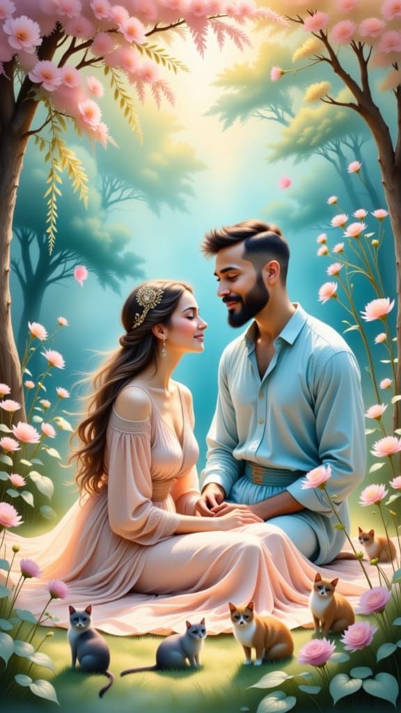 Genie and Woman's Romantic Picnic, Ethereal Watercolor Art