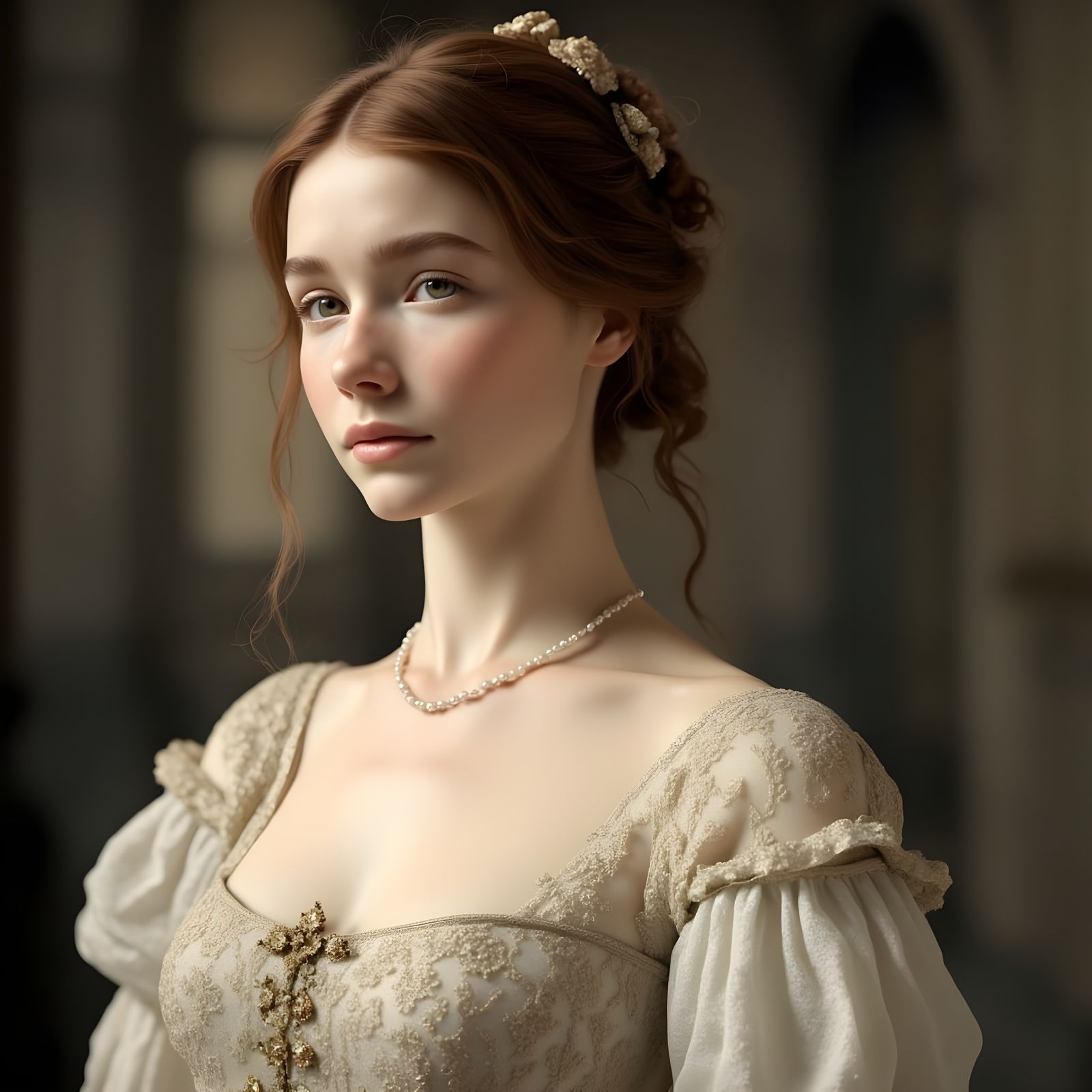 Girl in Regency Costume with Diamonds and Pearls